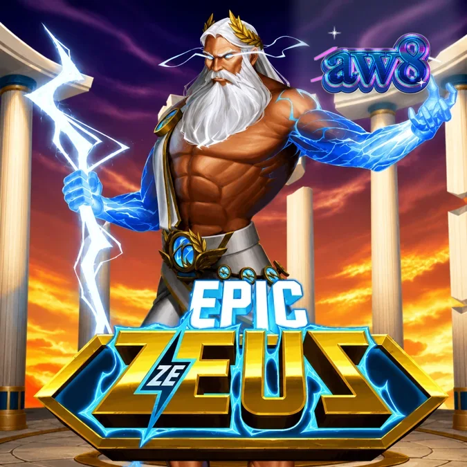 Tampilan visual grid 6x5 pada slot Epic Ze Zeus dengan elemen petir dan koin emas.