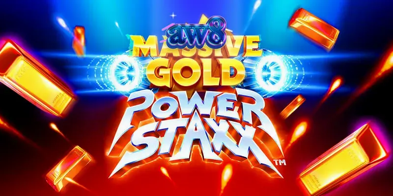 Tampilan visual futuristik slot Massive Gold Power Staxx dengan simbol emas dan latar belakang galaksi.